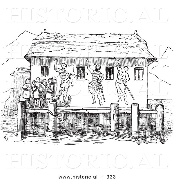 Historical Vector Illustration of a Boat Station Dock - Black and White Version
