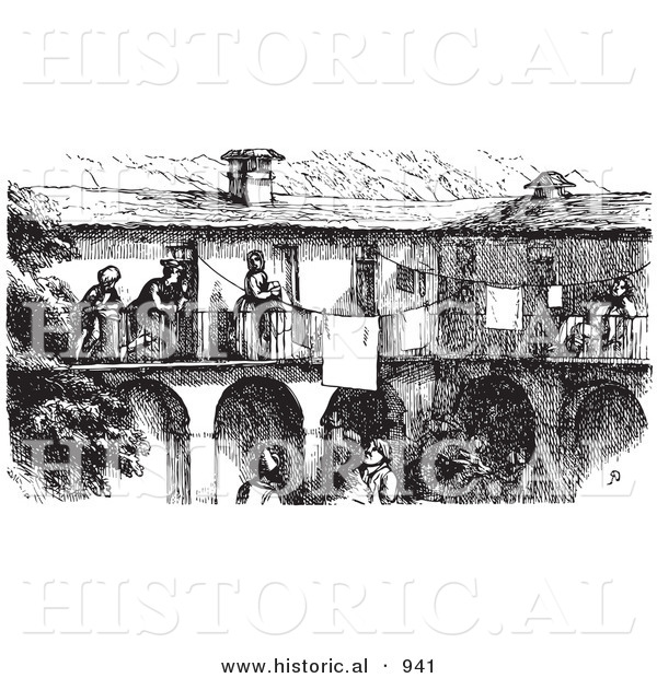 Historical Vector Illustration of a Busy Hotel Full of People - Black and White Version