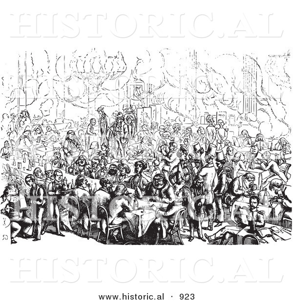 Historical Vector Illustration of a Busy Hotel Restaurant Full of Diners - Black and White Version