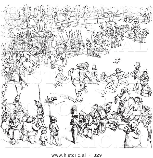 Historical Vector Illustration of a Busy Scene of People - Black and White Version