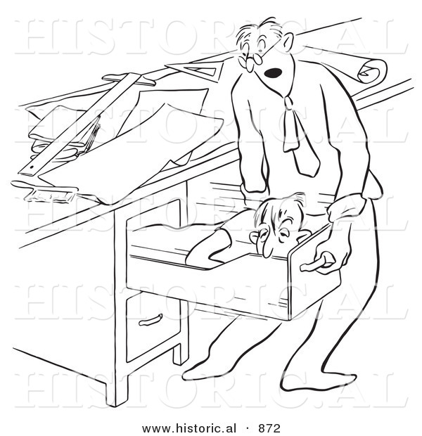 Historical Vector Illustration of a Cartoon Boss Finding His Employee Sleeping on the Job - Black and White Outlined Version