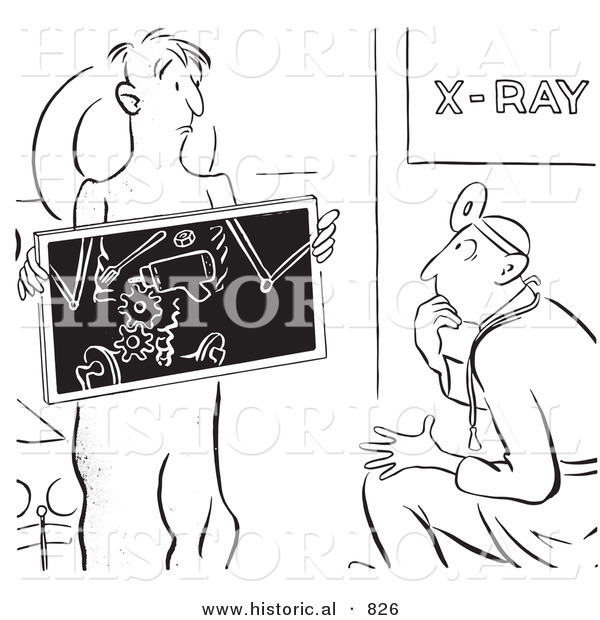 Historical Vector Illustration of a Cartoon Doctor Puzzled by a Patient X-Ray - Black and White Outlined Version