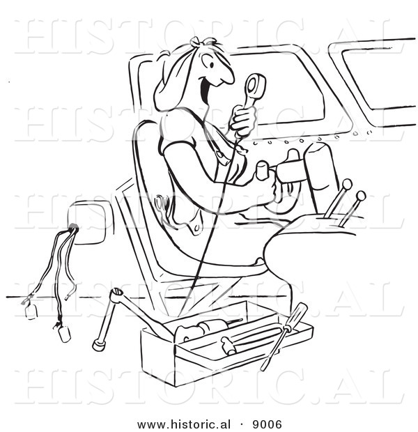 Historical Vector Illustration of a Cartoon Female Airplane Factory Employee Playing Around in a Cockpit - Black and White Outlined Version