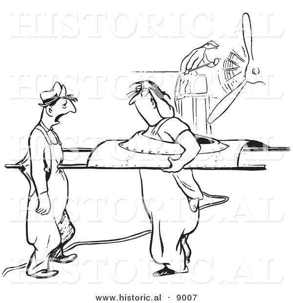 Historical Vector Illustration of a Cartoon Female Airplane Factory Employee Puncturing a Coworker with a Sharp Metal Part - Black and White Outlined Version