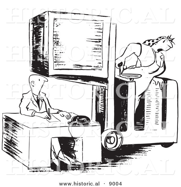 Historical Vector Illustration of a Cartoon Female Warehouse Employee Accidentally Lowering a Crate over Her Boss - Black and White Outlined Version