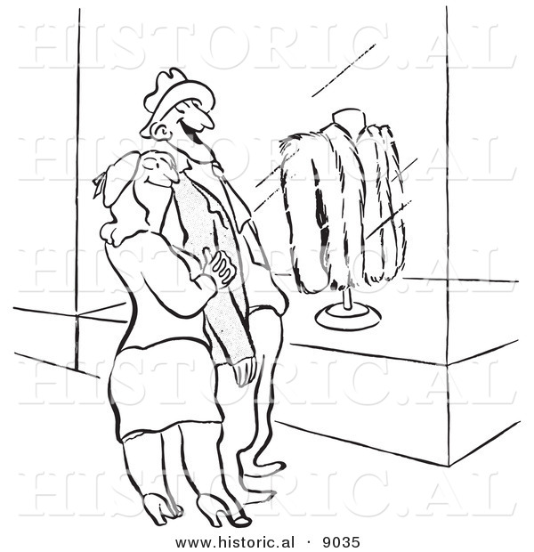 Historical Vector Illustration of a Cartoon Husband Window Shopping for Fur Coats with His Happy Wife - Black and White Outlined Version