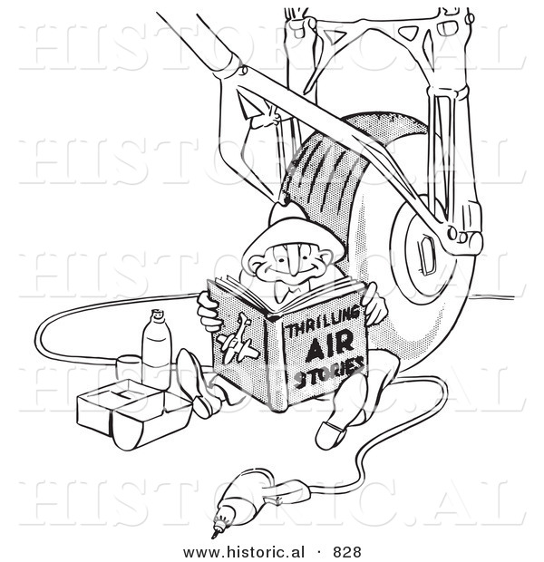 Historical Vector Illustration of a Cartoon Male Airplane Assembly Worker Reading a Book and Eating Lunch - Black and White Outlined Version