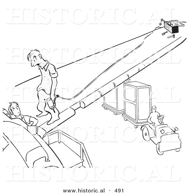 Historical Vector Illustration of a Cartoon Male Worker Talking to a Lady - Black and White Outlined Version