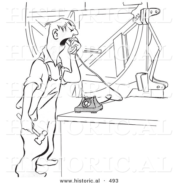 Historical Vector Illustration of a Cartoon Male Worker Yelling into a Phone - Black and White Outlined Version