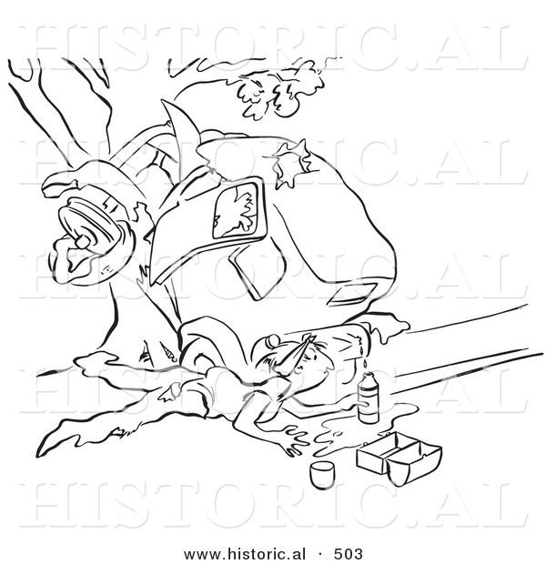 Historical Vector Illustration of a Cartoon Man Collecting Fuel from a Broken Gas Tank on a Wrecked Car - Black and White Outlined Version