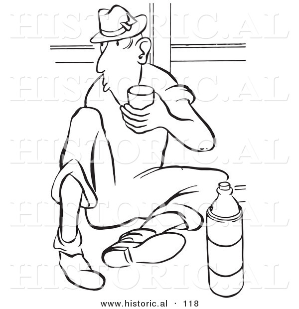 Historical Vector Illustration of a Cartoon Man Drinking Water on His Break - Black and White Outlined Version