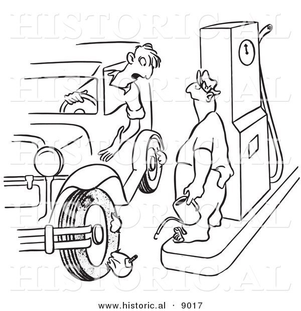 Historical Vector Illustration of a Cartoon Man Parking Car with Flat Tire at a Gas Station - Black and White Outlined Version