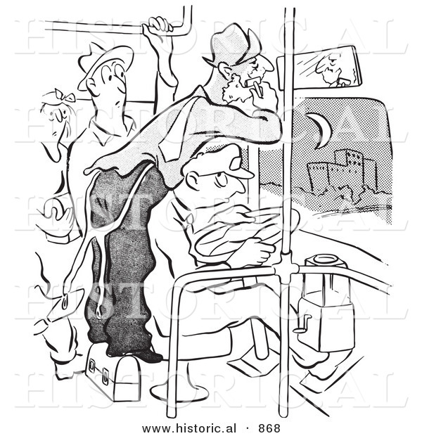 Historical Vector Illustration of a Cartoon Man Shaving While Riding on a Crowded Bus Full of People - Black and White Outlined Version