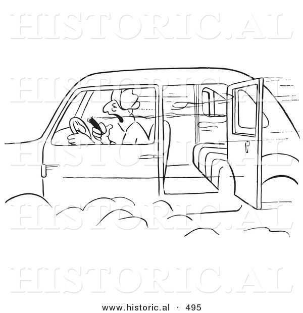 Historical Vector Illustration of a Cartoon Man Smoking a Cigar in a Car with the Door Open - Black and White Outlined Version