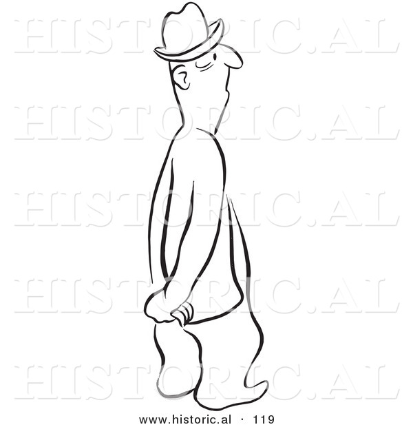 Historical Vector Illustration of a Cartoon Man Standing and Staring with His Hands Behind His Back - Black and White Outlined Version