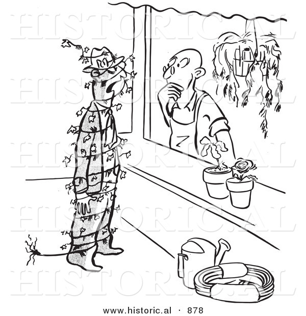 Historical Vector Illustration of a Cartoon Man Wound in Ivy Vines at a Garden Stand - Black and White Outlined Version