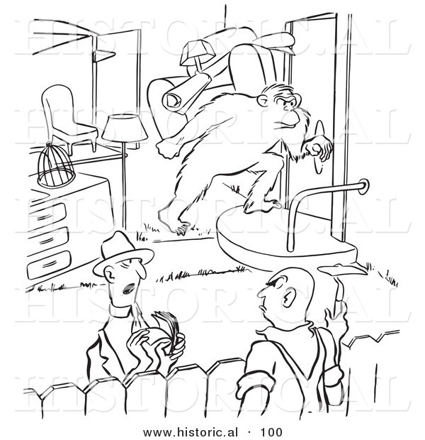 Historical Vector Illustration of a Cartoon Neighbor Noticing a Landlord Letting a Gorilla Move into His Rental - Black and White Outlined Version