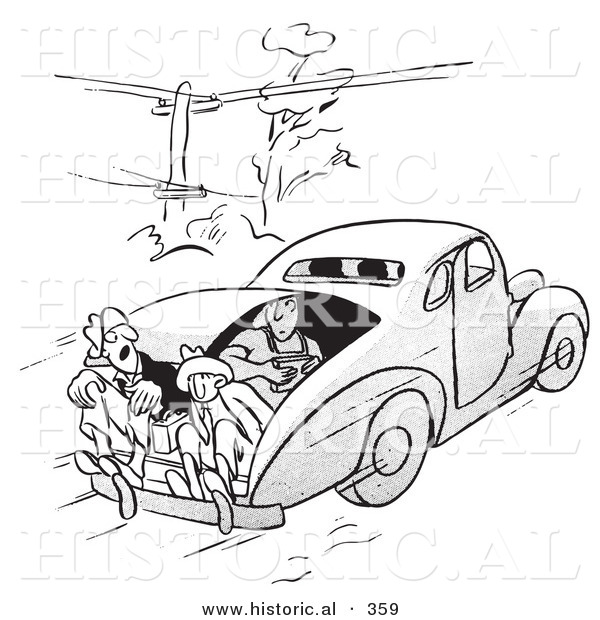 Historical Vector Illustration of a Cartoon People Riding in the Trunk of an Old Car - Outlined Version