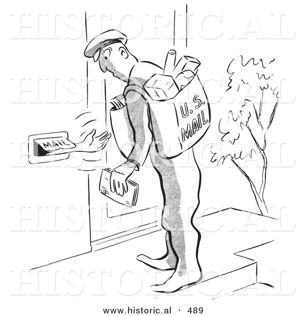 Historical Vector Illustration of a Cartoon Person Reaching out of a Mail Slot Towards a Postal Worker - Black and White Outlined Version