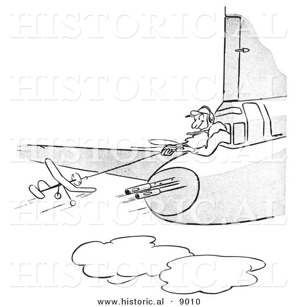 Historical Vector Illustration of a Cartoon Pilot Flying a Toy Plane from a Military Airplane with Guns - Black and White Outlined Version