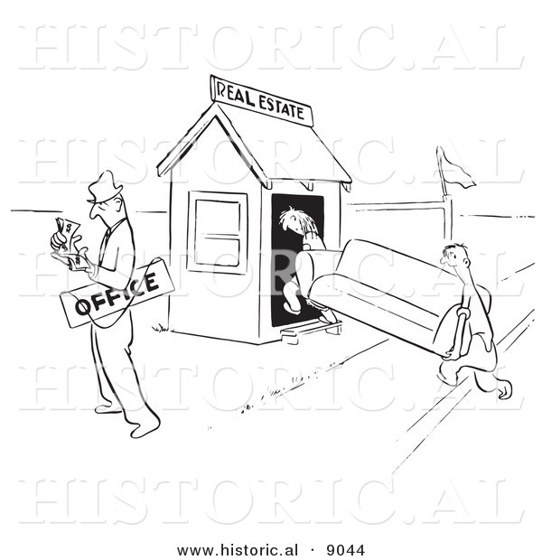 Historical Vector Illustration of a Cartoon Real Estate Agent Counting Cash After Selling His Office to a Client - Black and White Outlined Version