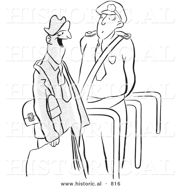 Historical Vector Illustration of a Cartoon Security Guard Watching Happy Man Walk Through an Entry Point - Black and White Version