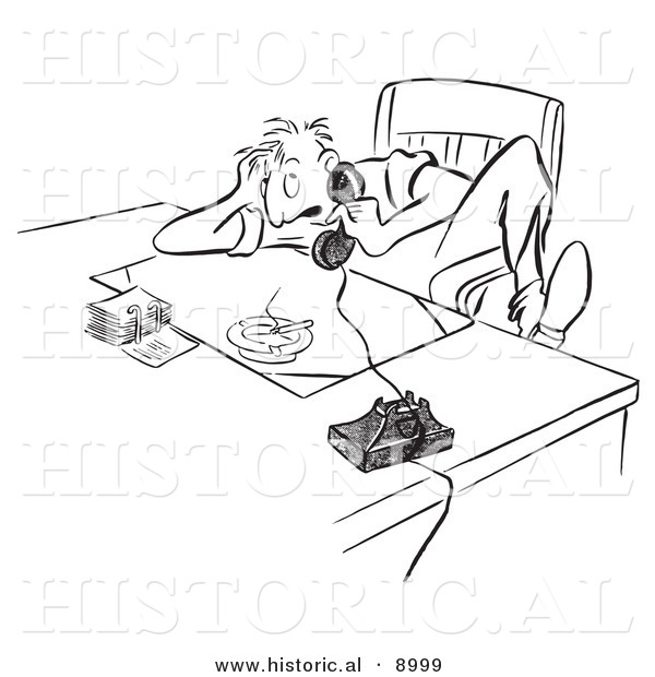 Historical Vector Illustration of a Cartoon Stressed Businessman Talking on a Phone at His Desk - Black and White Outlined Version
