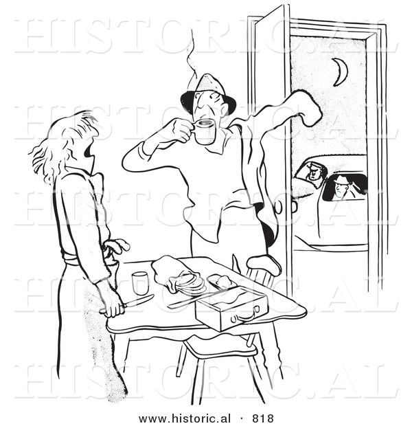 Historical Vector Illustration of a Cartoon Wife Making Lunch for Her Husband - Black and White Version