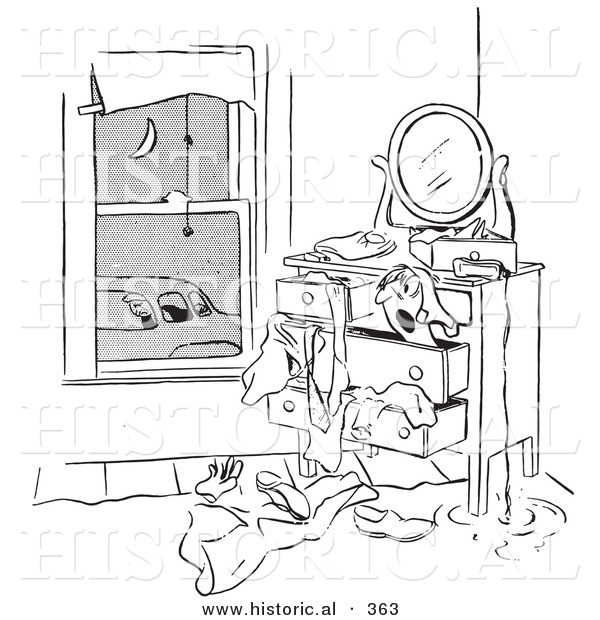 Historical Vector Illustration of a Cartoon Woman Searching Dresser Drawers While Her Date Waits in the Car - Outlined Version