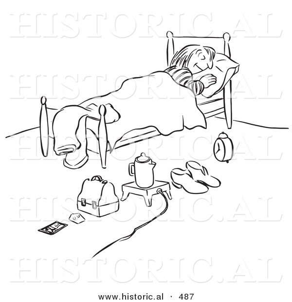 Historical Vector Illustration of a Cartoon Woman Sleeping with Everything Ready for Morning - Black and White Outlined Version