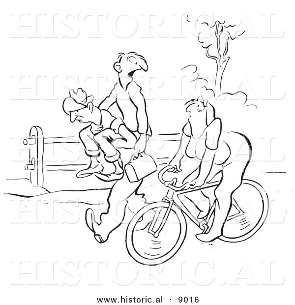 Historical Vector Illustration of a Cartoon Woman Watching a Man Give Another a Man Piggy Back Ride to Work - Black and White Outlined Version