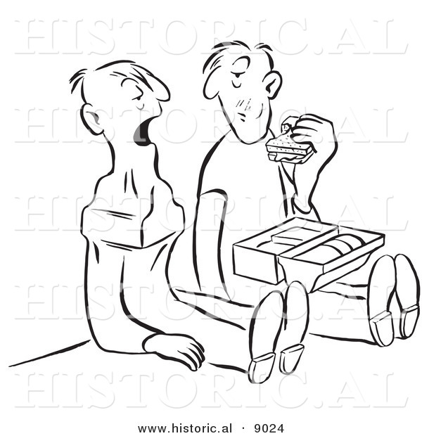 Historical Vector Illustration of a Cartoon Worker Man Eating a Sandwich While Looking at His Partner Who Swallowed His Entire Lunch Box - Black and White Outlined Version