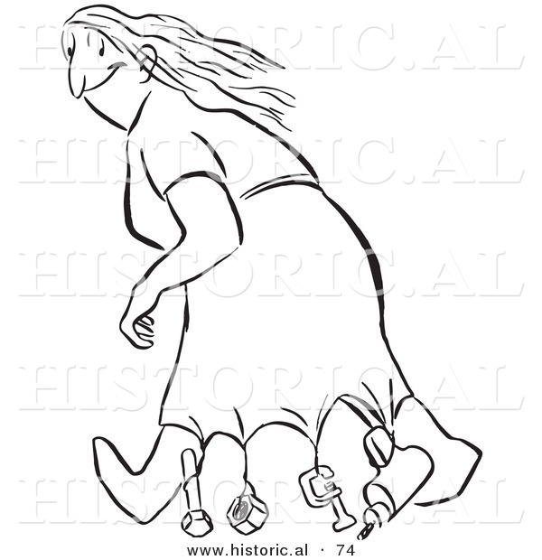 Historical Vector Illustration of a Clever Woman Walking in Windy Weather with a Weighed down Dress and a Big Smile - Black and White Version