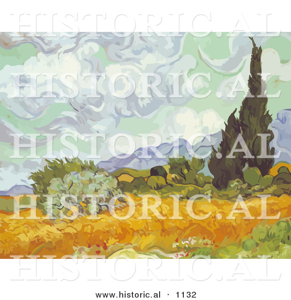 Historical Vector Illustration of a Cornfield with Cypresses - Vincent Van Gogh Painting