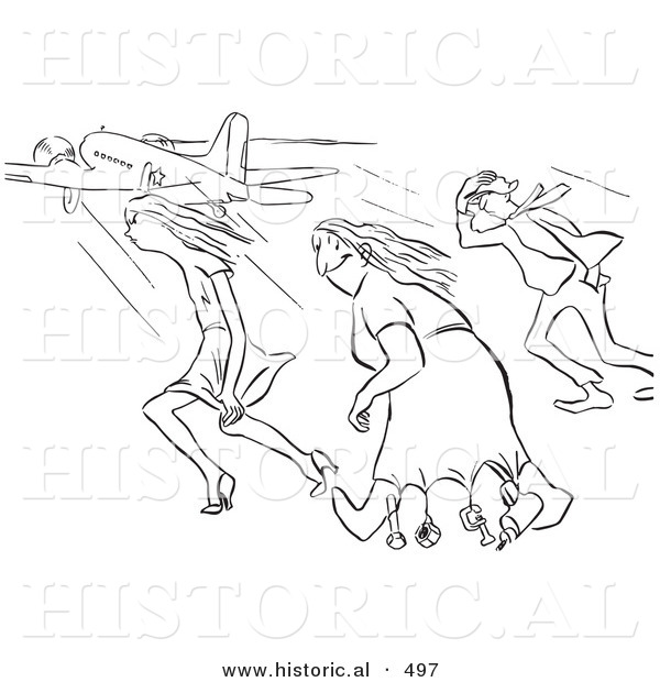 Historical Vector Illustration of a Creative Cartoon Woman Happily Wearing a Dress and Walking Through Strong Gusts of Wind While Others Struggle - Black and White Outlined Version