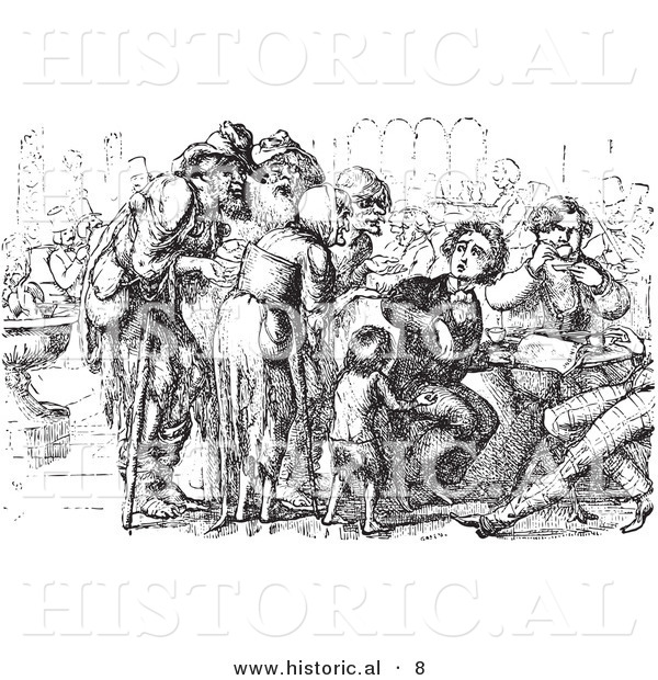 Historical Vector Illustration of a Crowd of Beggars and a Foreigner - Black and White Version