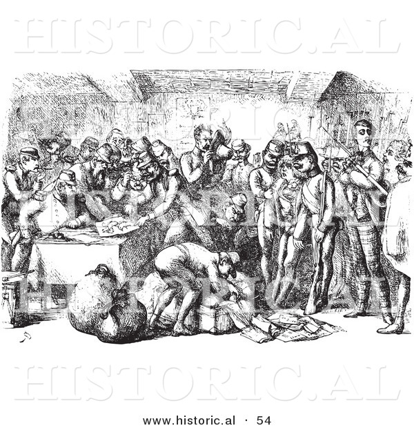 Historical Vector Illustration of a Crowd of Men in Court - Black and White Version