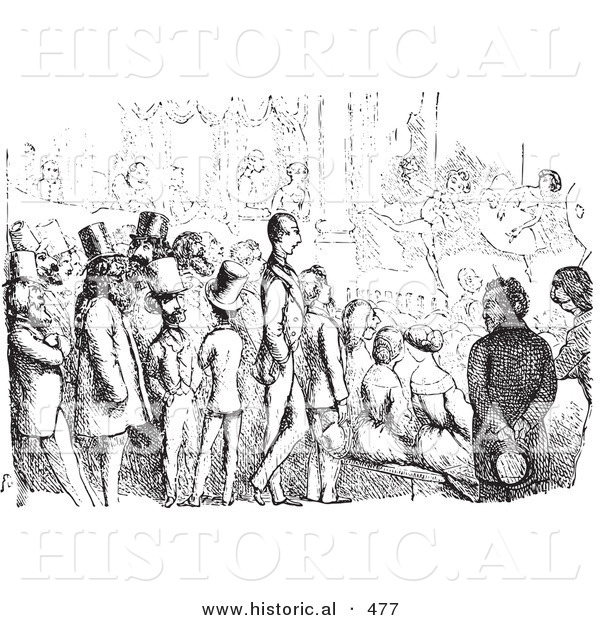 Historical Vector Illustration of a Crowd of People at a Marionette Theater - Black and White Version