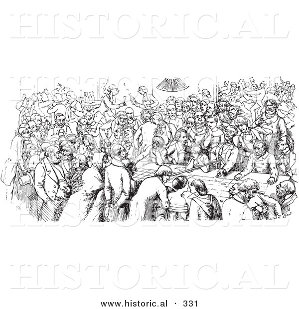 Historical Vector Illustration of a Crowd of People at a Pub - Black and White Version