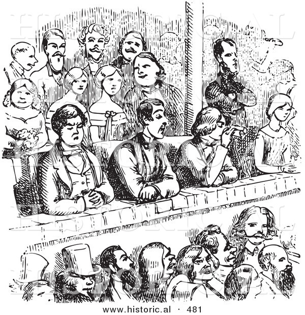 Historical Vector Illustration of a Crowd of People at a Theater - Black and White Version