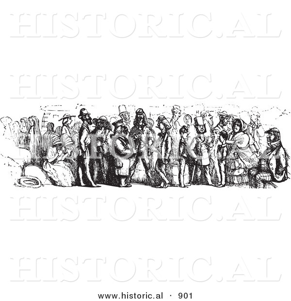 Historical Vector Illustration of a Crowd of People Riding on a Rhine Boat - Black and White Version