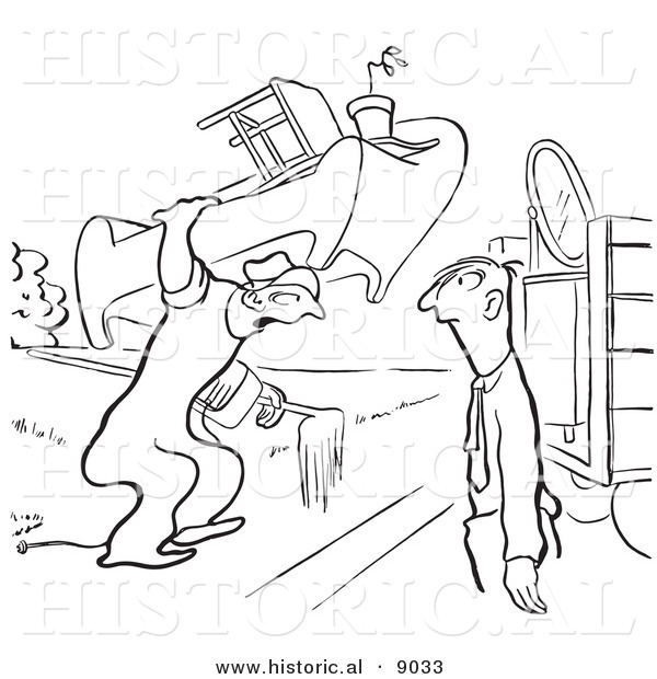 Historical Vector Illustration of a Curious Cartoon Man Talking to a Mover Carrying Heavy Household Items - Black and White Outlined Version