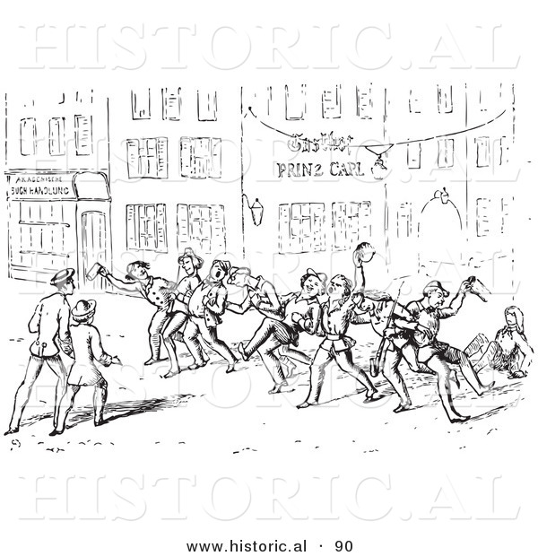 Historical Vector Illustration of a Drunk Crowd of People on a Street in Town - Black and White Version