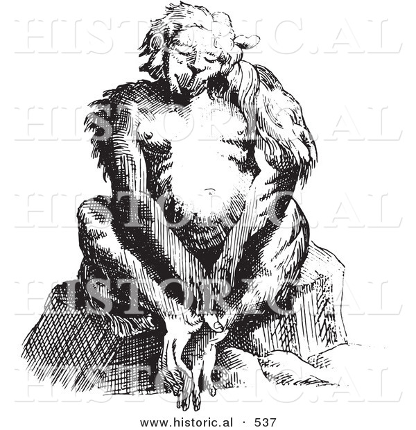 Historical Vector Illustration of a Fantasy Ape Creature Sitting and Staring - Black and White Version