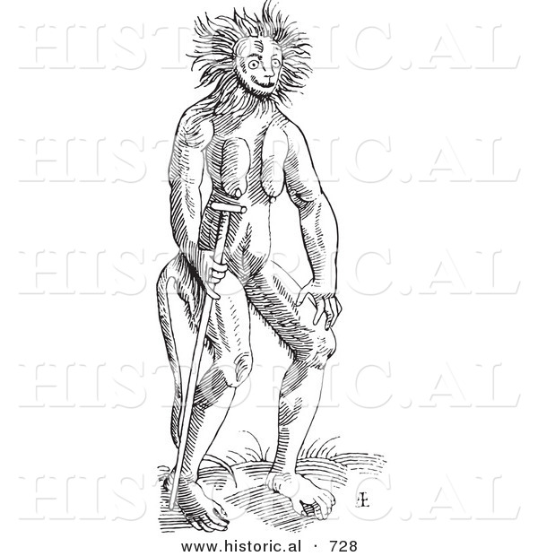 Historical Vector Illustration of a Fantasy Cercopithecus Wild Man Creature - Black and White Version