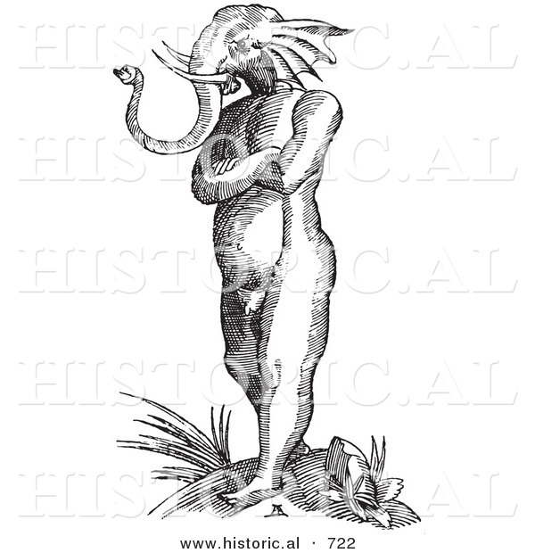 Historical Vector Illustration of a Fantasy Elephant Headed Man Creature - Black and White Version
