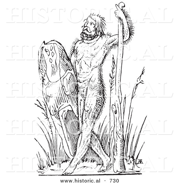 Historical Vector Illustration of a Fantasy Savage Hairy Man Creature - Black and White Version