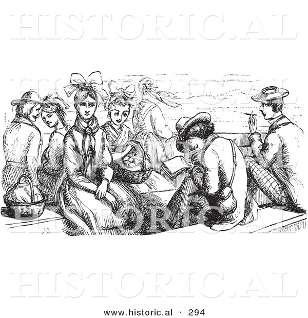 Historical Vector Illustration of a Group of People on a Boat - Black and White Version
