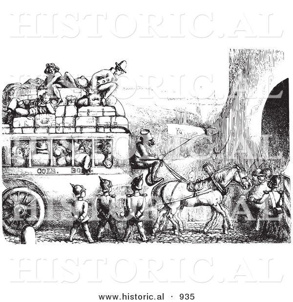 Historical Vector Illustration of a Group of Soldiers Stopping an Omnibus - Black and White Version