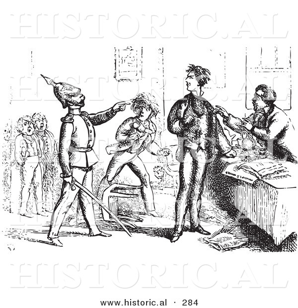 Historical Vector Illustration of a Guard Pointing out a Man - Black and White Version